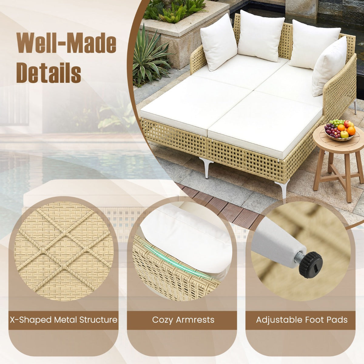 Livsk costway zonnebank dubbele ligstoel van rotan voor 2 personen met zit en rugkussens tuinligstoel voor buiten met metalen frame 2