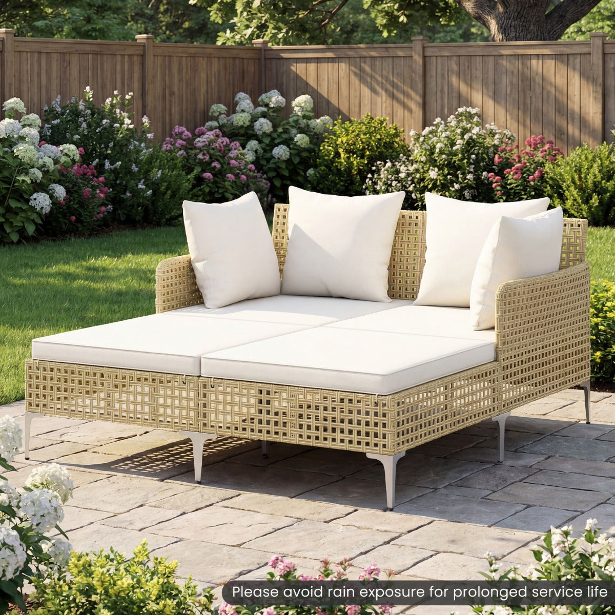 Livsk costway zonnebank dubbele ligstoel van rotan voor 2 personen met zit en rugkussens tuinligstoel voor buiten met metalen frame 5