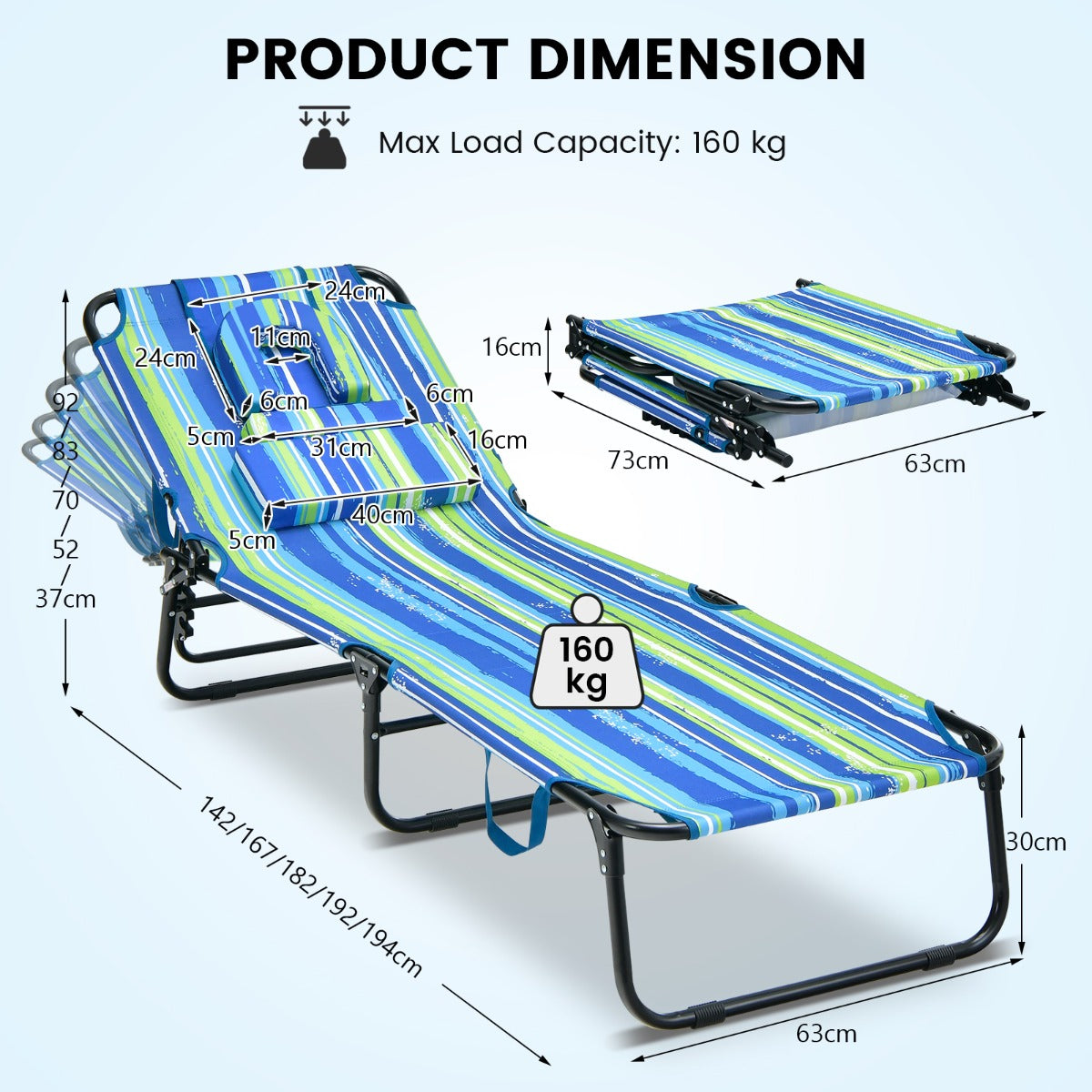LIVSK Inklapbare Ligstoel met Gezichtsopening - 5-voudig Verstelbare Rugleuning - Duurzaam Metalen Frame - Blauw + Groen