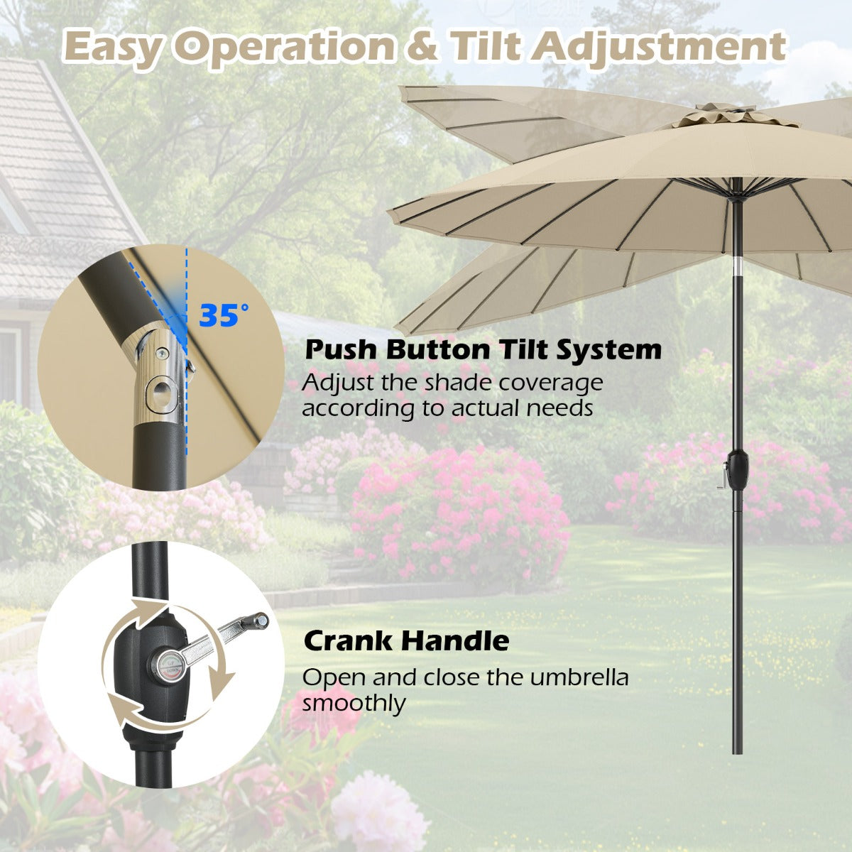 Livsk costway zonnescherm 258 cm tuinparasol met een slinger om te openen sluiten dubbelzijdig kantelbaar tot 35 beige