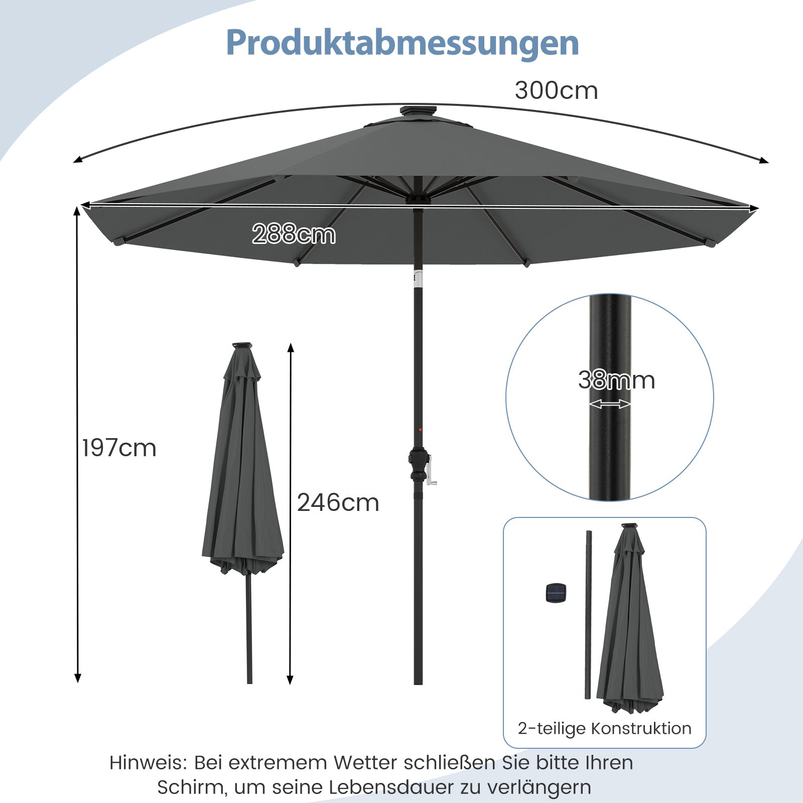 LIVSK Zonneverlichting Parasol 300 cm - 96 LED-lampen - 9 Verlichtingsmodi - Kantelbaar - Polyester - Grijs