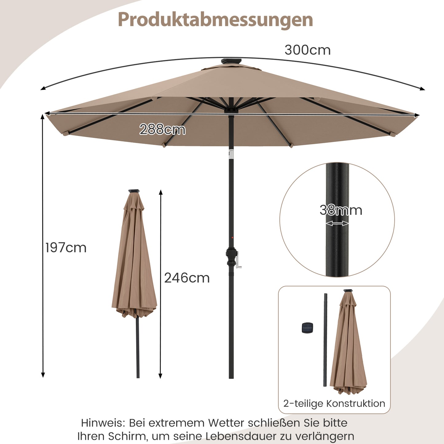 LIVSK Terrasparasol 300 cm met LED-verlichting - 96 Lampen - 9 Verlichtingsmodi - Kantelbaar - Polyester - Koffie