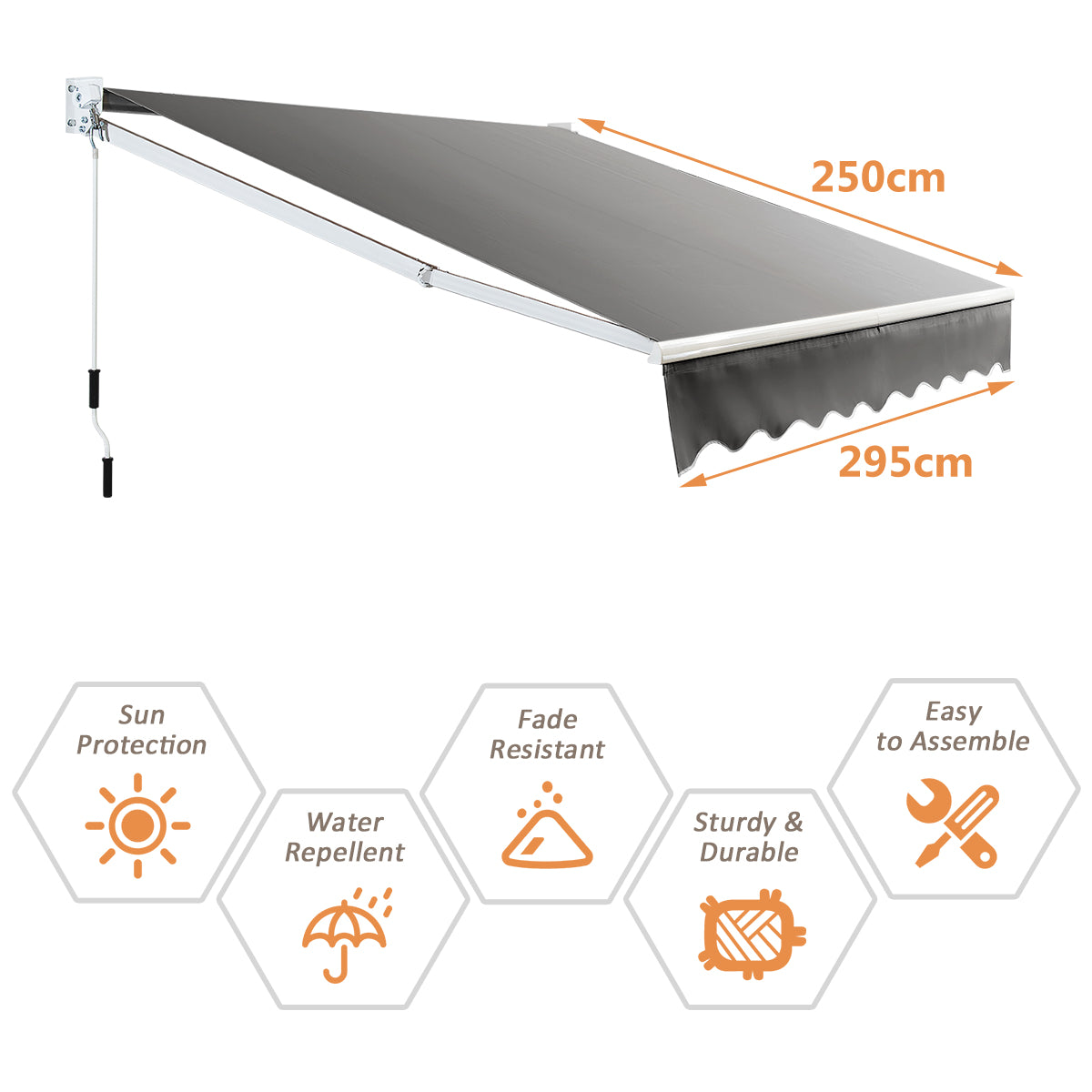 LIVSK Uitschuifbare Luifel - Aluminium en Polyester - Verstelbare Hoek 40° tot 100° - 295 x 250 cm - Grijs