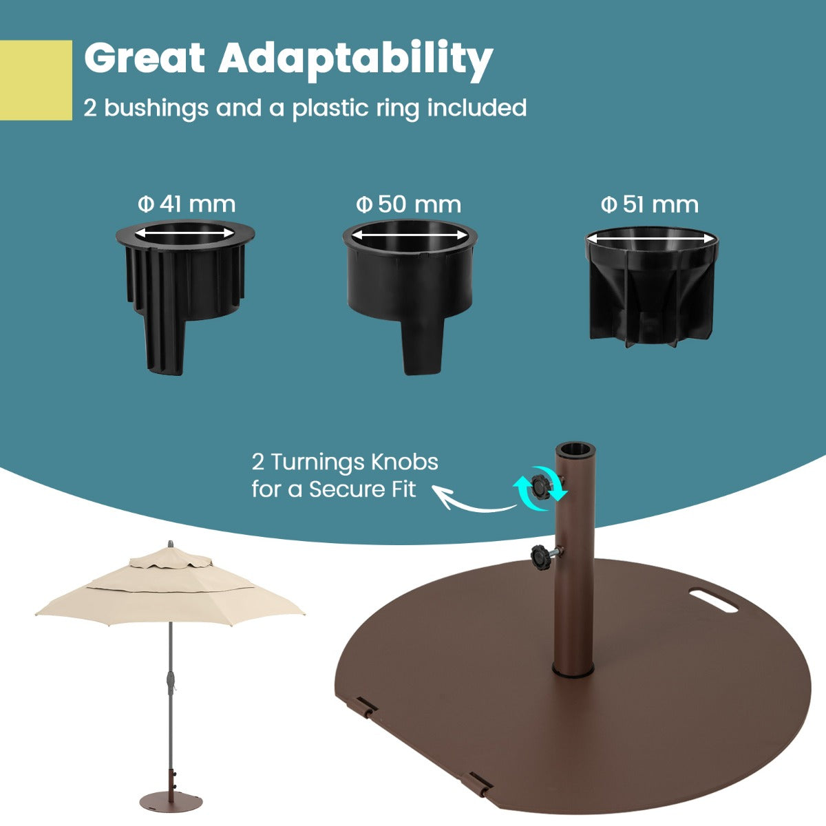 LIVSK Parasolstandaard met Wielen - 23 kg - Handmatige Draaiknoppen - Inclusief 2 Adapters - Voor Parasolstangen 41/50 mm - Bruin