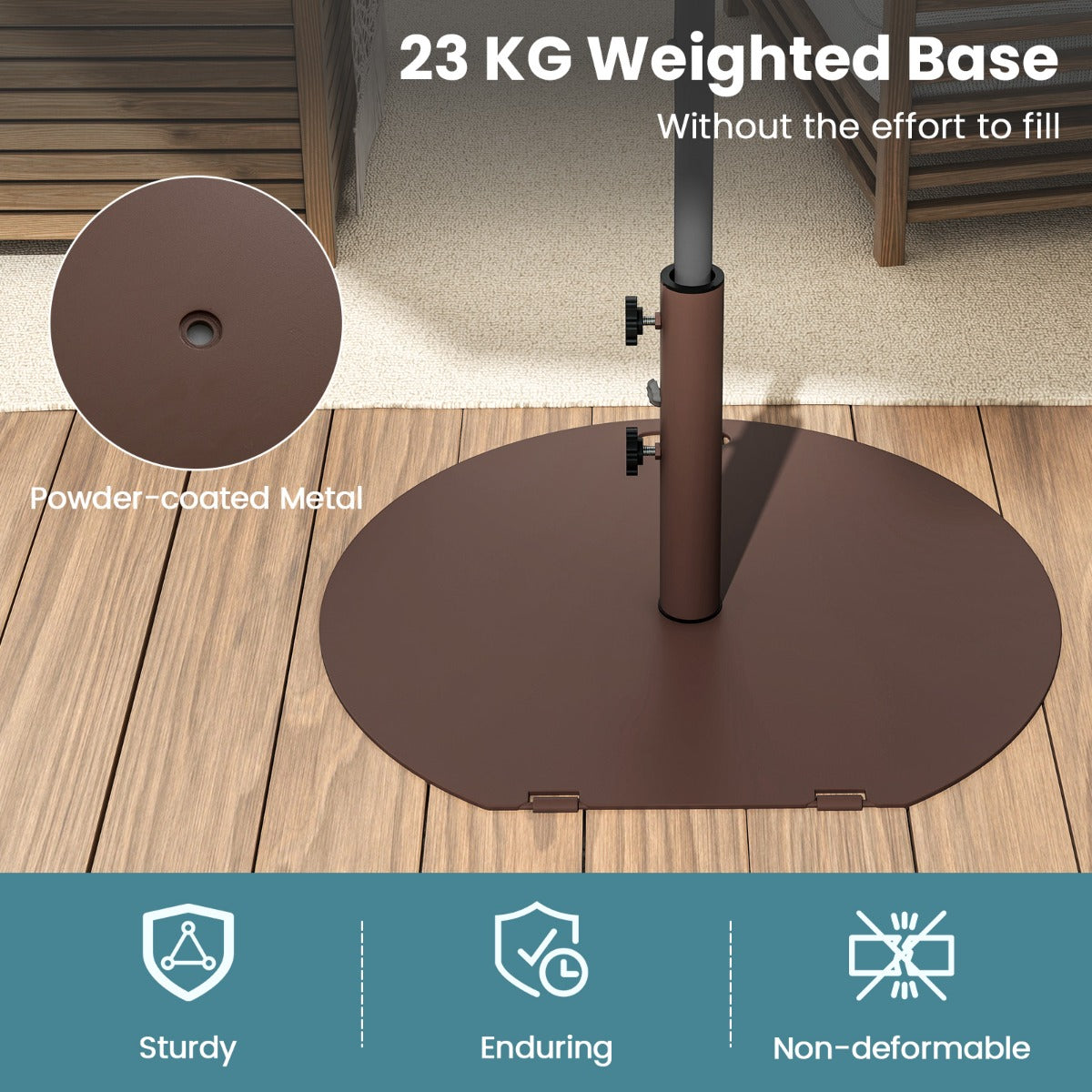 LIVSK Parasolstandaard met Wielen - 23 kg - Handmatige Draaiknoppen - Inclusief 2 Adapters - Voor Parasolstangen 41/50 mm - Bruin