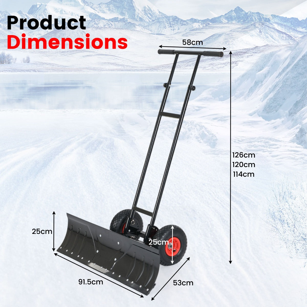 LIVSK Metalen Sneeuwschuiver met Wielen - 91,5 cm Breed - Ergonomische Verstelbare Handgreep - 7-voudig Instelbaar - Zwart