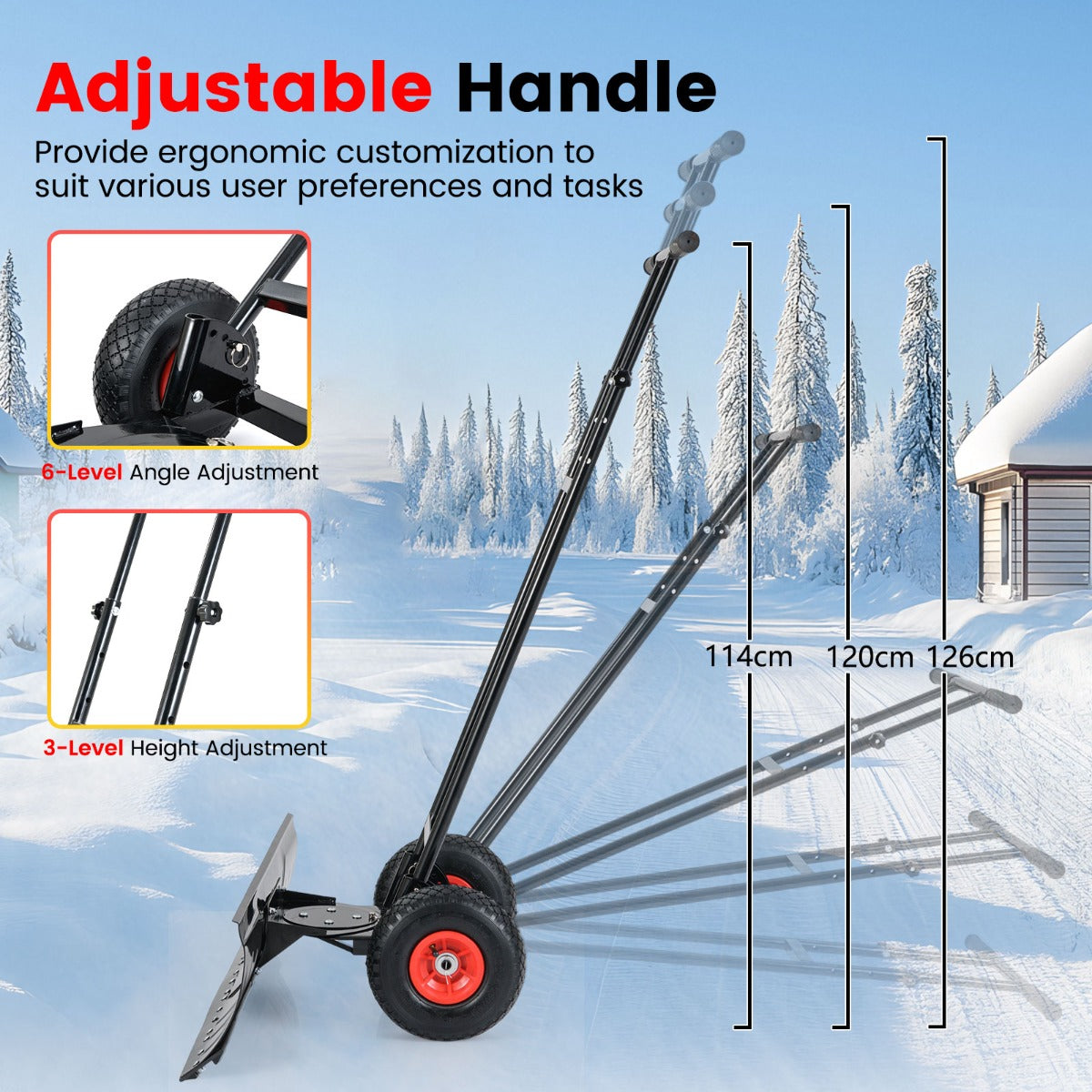LIVSK Metalen Sneeuwschuiver met Wielen - 91,5 cm Breed - Ergonomische Verstelbare Handgreep - 7-voudig Instelbaar - Zwart