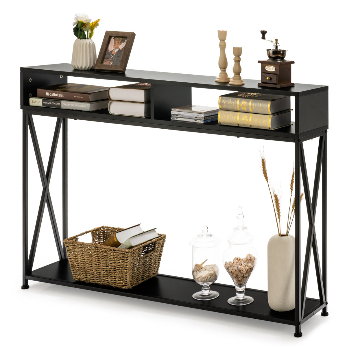 LIVSK Consoletafel - Stalen Frame - Open Planken - Waterdicht - Ruimtebesparend - 120 x 23 x 79 cm - Zwart