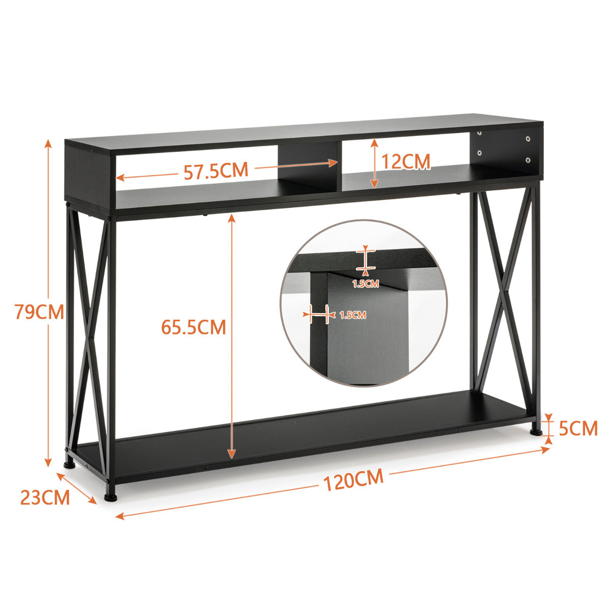 LIVSK Consoletafel - Stalen Frame - Open Planken - Waterdicht - Ruimtebesparend - 120 x 23 x 79 cm - Zwart