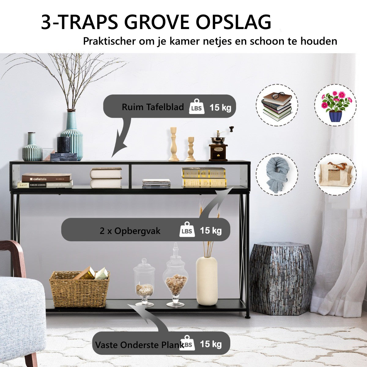 LIVSK Consoletafel - Stalen Frame - Open Planken - Waterdicht - Ruimtebesparend - 120 x 23 x 79 cm - Zwart