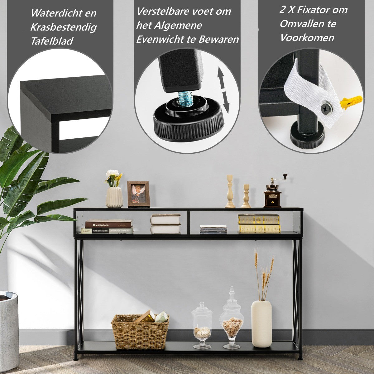 LIVSK Consoletafel - Stalen Frame - Open Planken - Waterdicht - Ruimtebesparend - 120 x 23 x 79 cm - Zwart