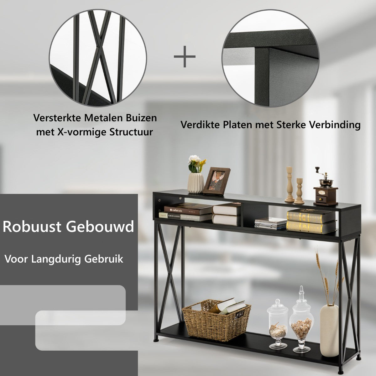LIVSK Consoletafel - Stalen Frame - Open Planken - Waterdicht - Ruimtebesparend - 120 x 23 x 79 cm - Zwart