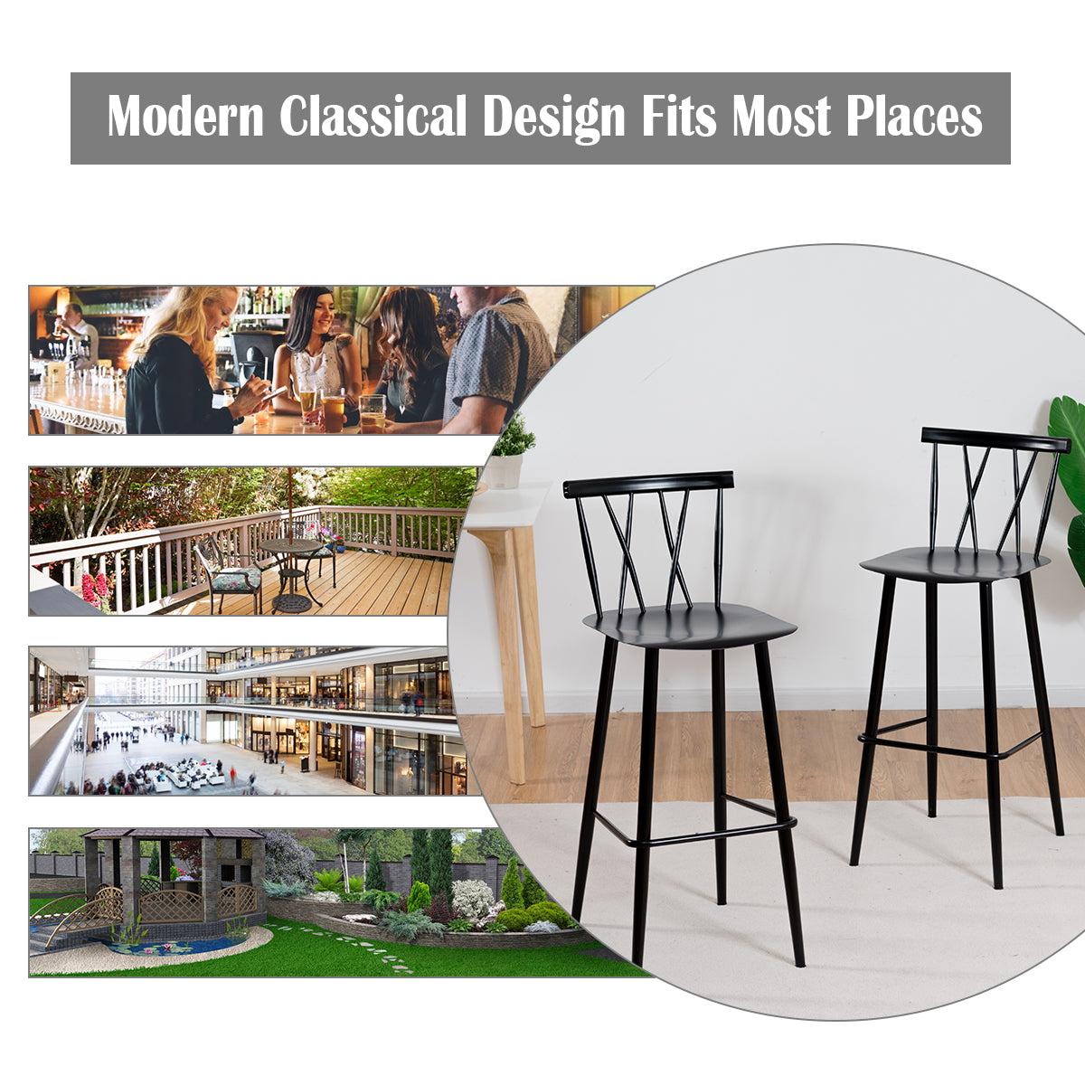 LIVSK Eetkamerstoelen Set van 2 - Stevige Metalen Constructie tot 150 kg - Hoge Rugleuning - Vloerbescherming - Zwart