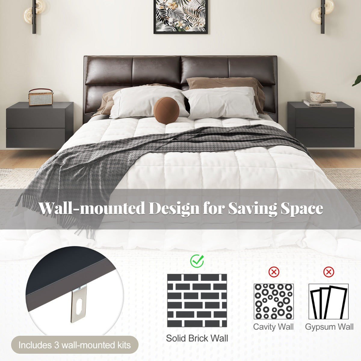 LIVSK Zwevend Nachtkastje met 2 Lades - Wandgemonteerd - Ruimtebesparend - Modern Design - 42 x 30 x 28 cm - Grijs/Wit