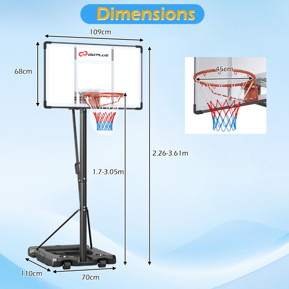 LIVSK Draagbare Basketbalpaal - Hoogte Verstelbaar 170-305 cm - Robuust Metaal - Vulbare Voet - Voor Binnen en Buiten - Zwart