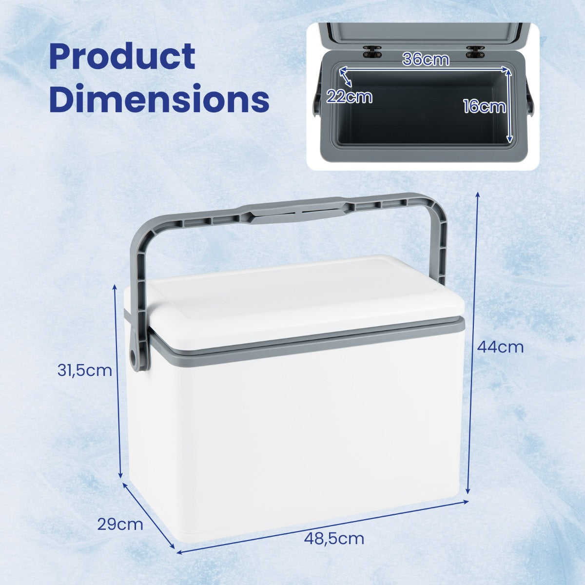 LIVSK Draagbare Koelbox - Geïsoleerd - Ergonomisch Handvat - Tot 300 kg Draagvermogen - 12 Liter Inhoud - Wit/Donkergijs