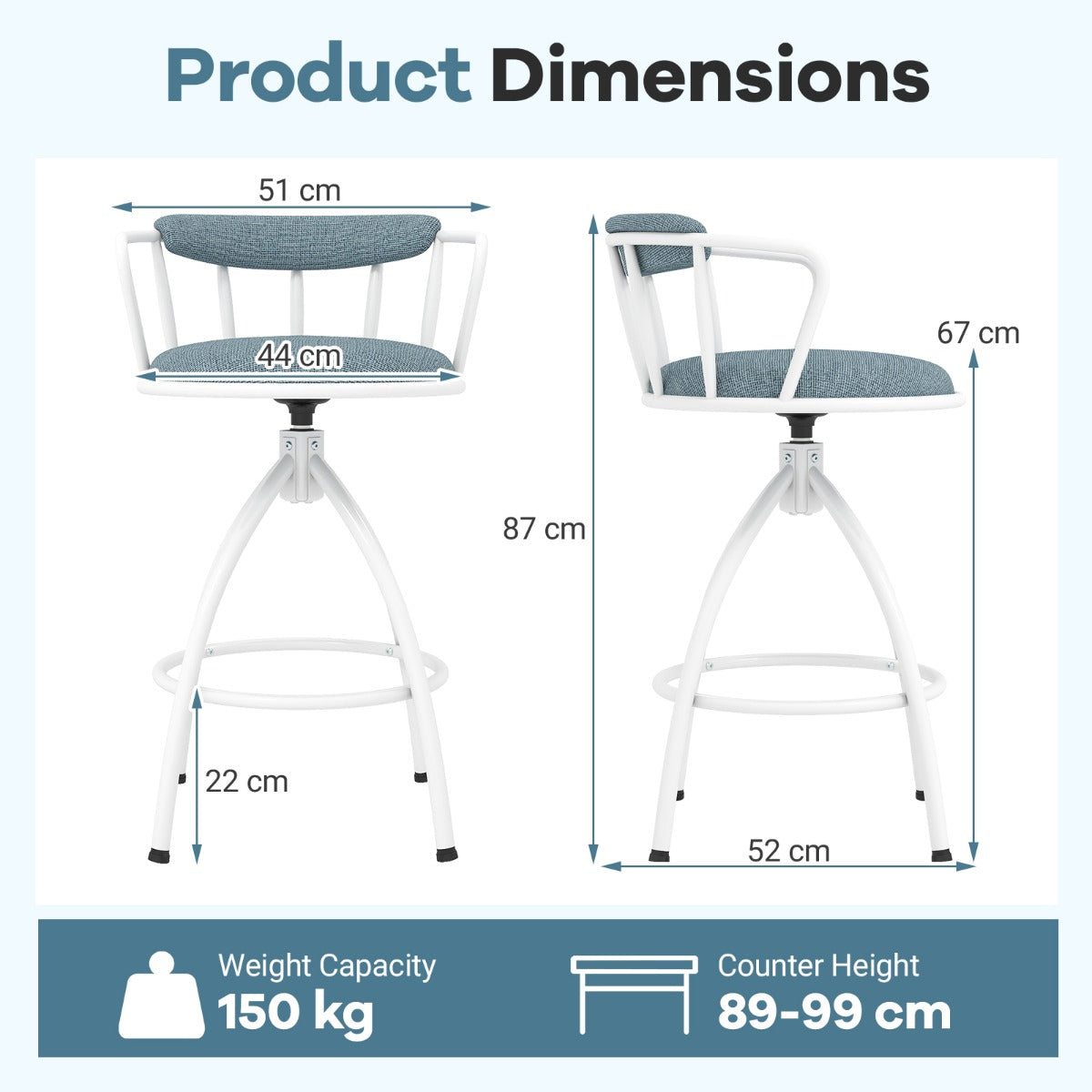 LIVSK Draaibare Barkrukken - 360° Draaifunctie - Ergonomische Rugleuning - Sterk Metaal - Zithoogte 67 cm - Blauw + Wit