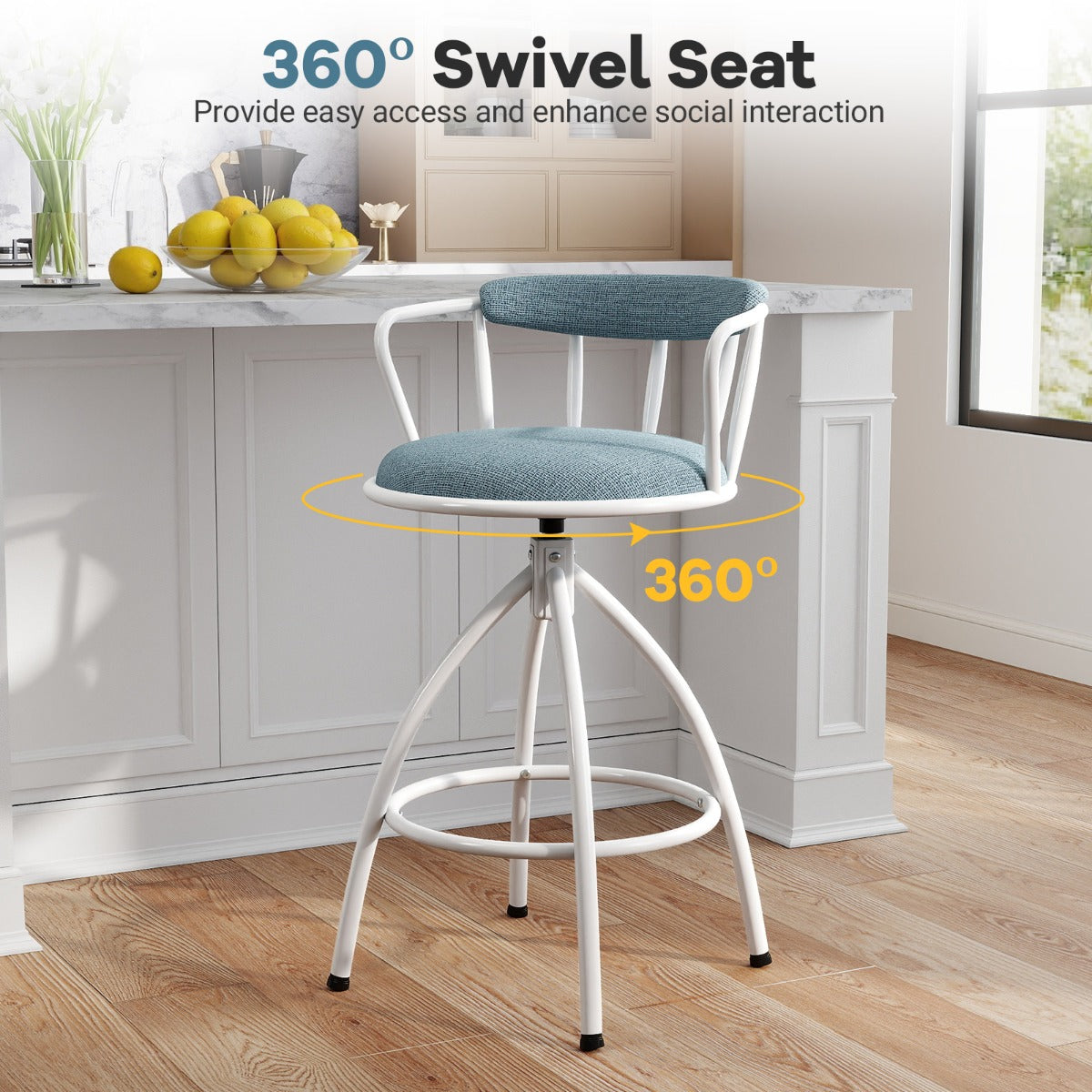 LIVSK Draaibare Barkrukken - 360° Draaifunctie - Ergonomische Rugleuning - Sterk Metaal - Zithoogte 67 cm - Blauw + Wit