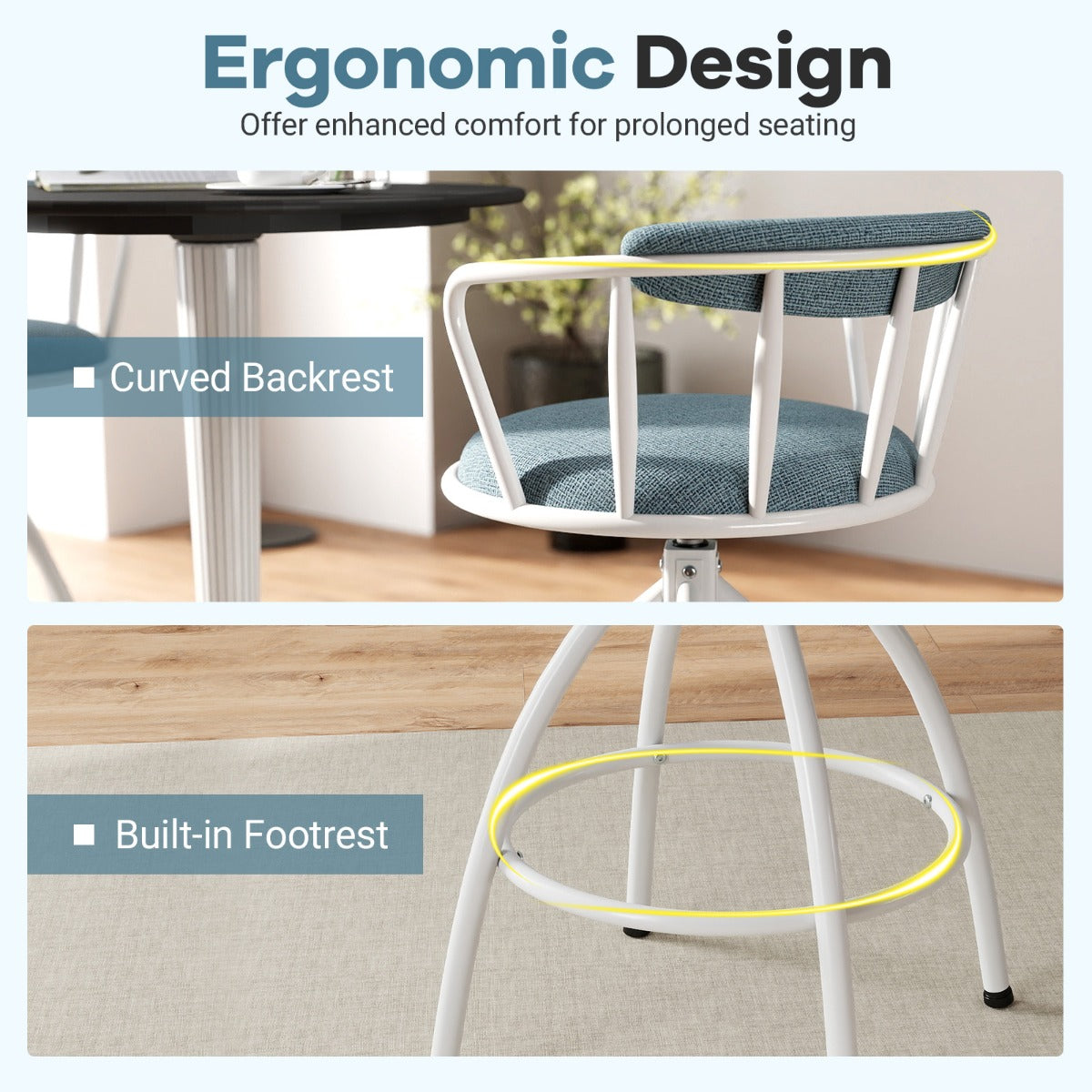 LIVSK Draaibare Barkrukken - 360° Draaifunctie - Ergonomische Rugleuning - Sterk Metaal - Zithoogte 67 cm - Blauw + Wit
