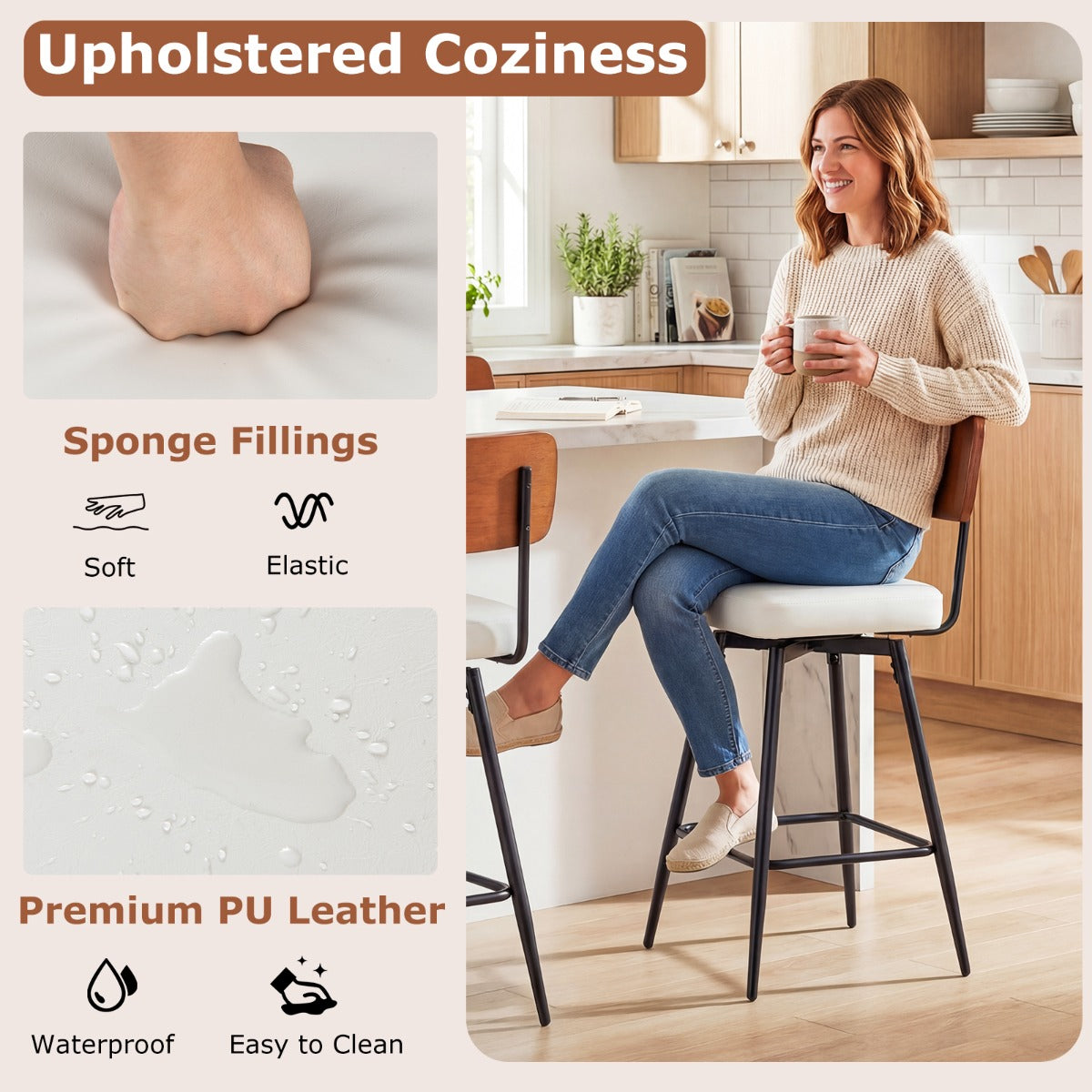 LIVSK Draaibare Barkrukken - 360° Draaifunctie - Ergonomische Rugleuning - Stevig Metaal - Wit/Zwart + Bruin