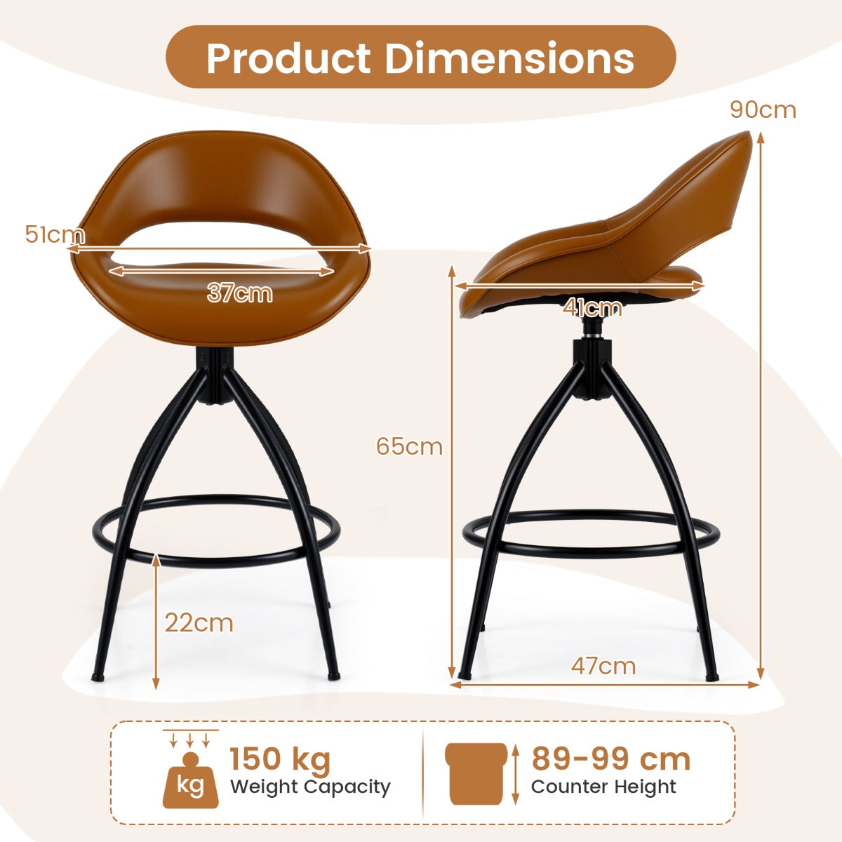 LIVSK Draaibare Barkrukken Set van 2 - 360° Draaifunctie - Kunstleer en Schuim - Ergonomisch Ontwerp - Bruin en Zwart
