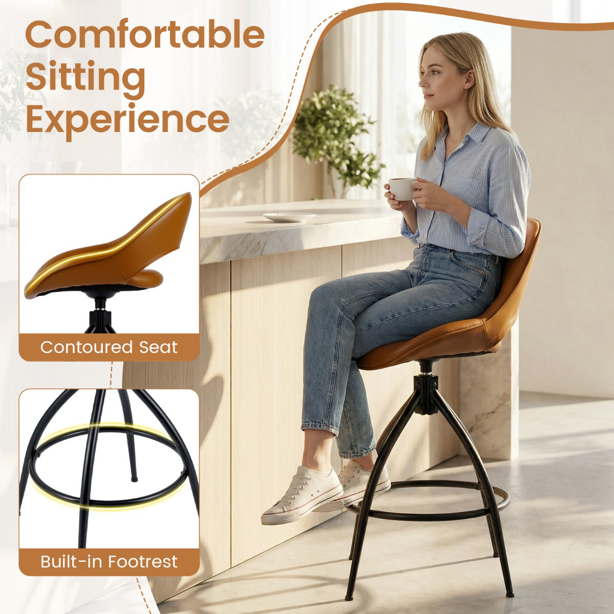 LIVSK Draaibare Barkrukken Set van 2 - 360° Draaifunctie - Kunstleer en Schuim - Ergonomisch Ontwerp - Bruin en Zwart