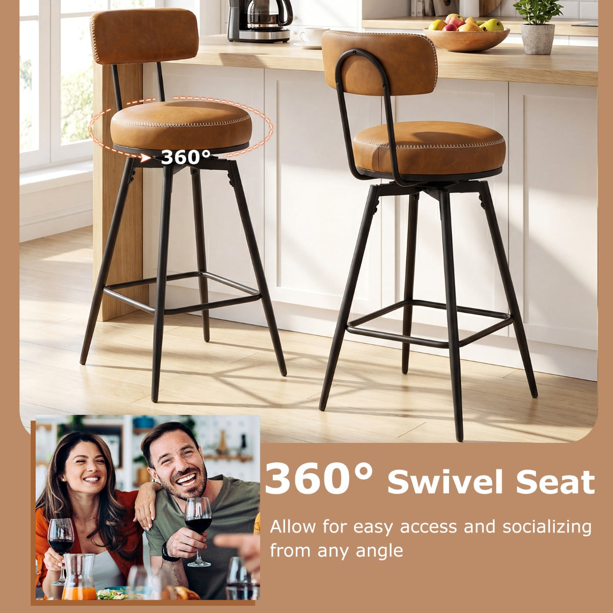 LIVSK Draaibare Barkrukken Set van 2 - Kunstleren Bekleding - Ergonomische Rugleuningen - 360° Draaifunctie - Bruin/Zwart