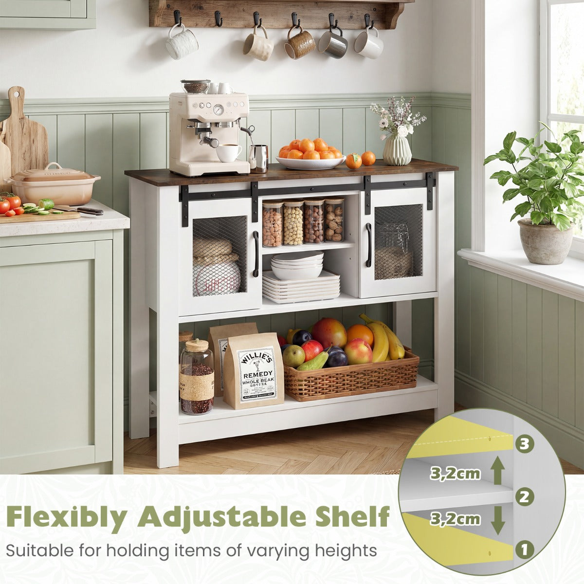 LIVSK Dressoir met Schuifdeuren - Verstelbare Planken - Antislipvoetjes - Ruim Opbergvlak - Rustiek Bruin + Wit