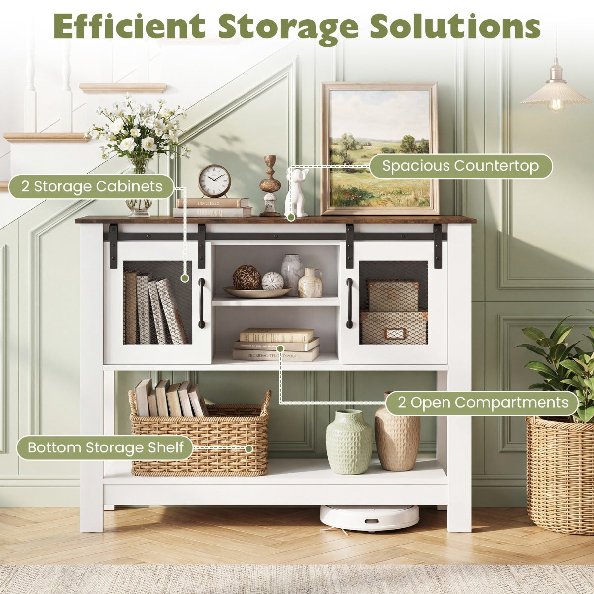 LIVSK Dressoir - Rustieke Charmante Haltafel - Verstelbare Planken - Antislipvoetjes - Veelzijdig Gebruik - Rustiek Bruin + Wit