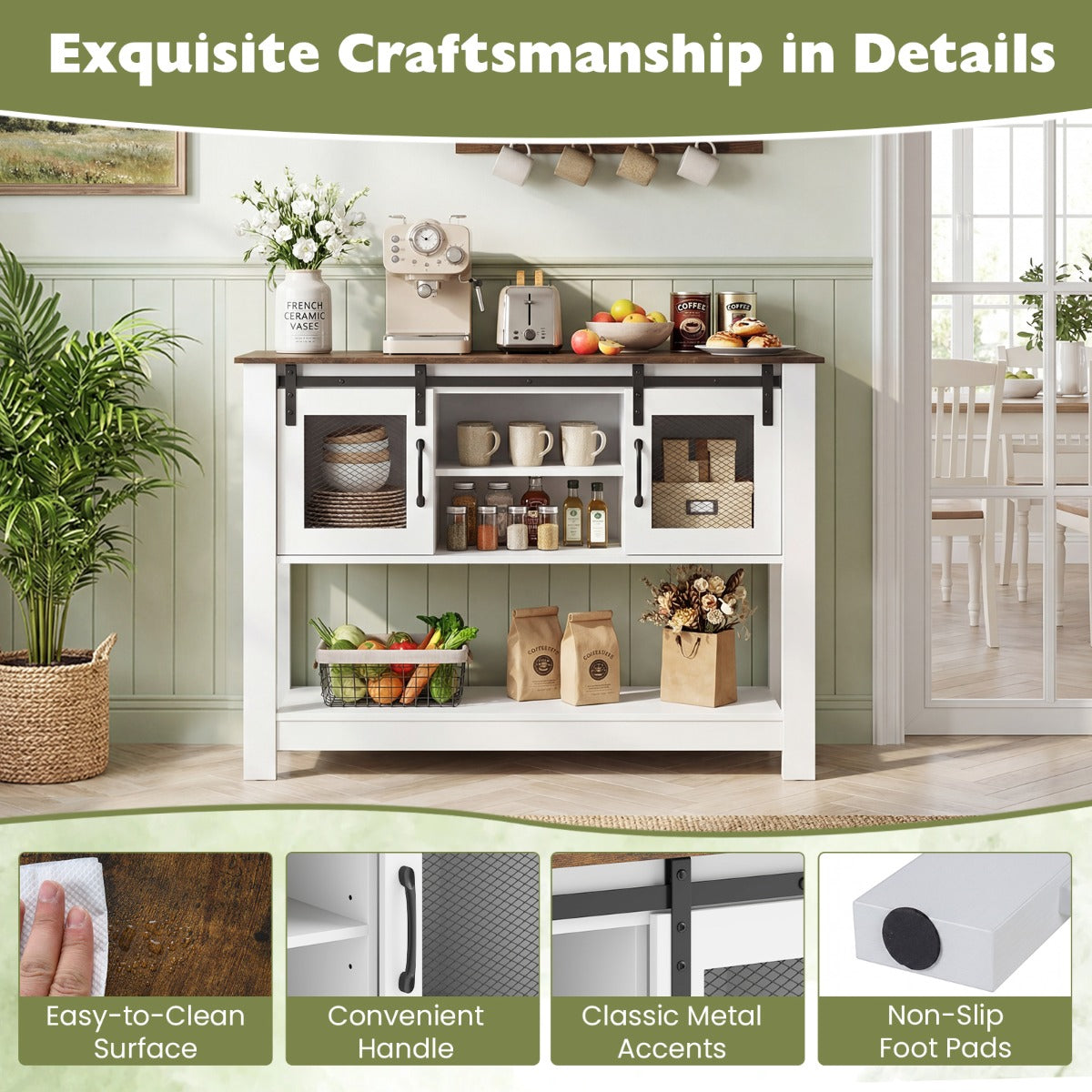 LIVSK Dressoir - Rustieke Charmante Haltafel - Verstelbare Planken - Antislipvoetjes - Veelzijdig Gebruik - Rustiek Bruin + Wit