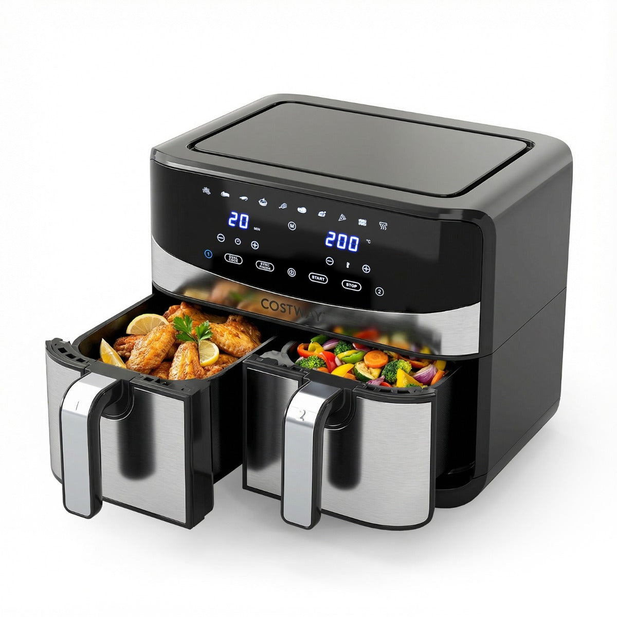 LIVSK Dubbele Airfryer - 10-in-1 met 2 Manden van 4L - 2100W - 360° Heteluchtcirculatie - Digitale Touchscreen - Zwart en Zilver