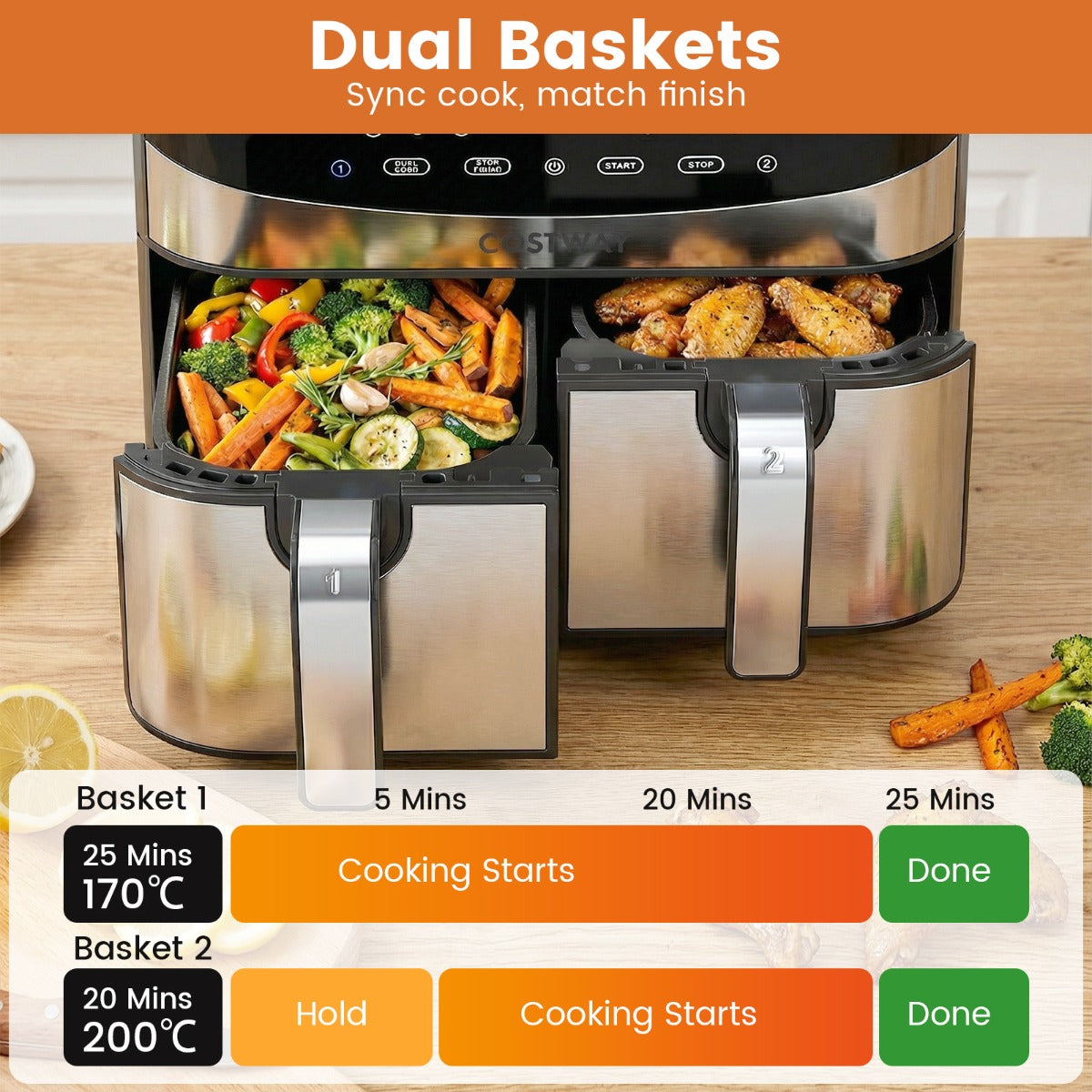 LIVSK Dubbele Airfryer - 10-in-1 met 2 Manden van 4L - 2100W - 360° Heteluchtcirculatie - Digitale Touchscreen - Zwart en Zilver