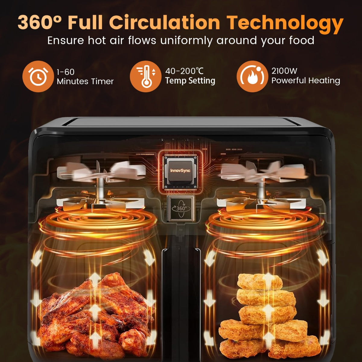 LIVSK Dubbele Airfryer - 10-in-1 met 2 Manden van 4L - 2100W - 360° Heteluchtcirculatie - Digitale Touchscreen - Zwart en Zilver