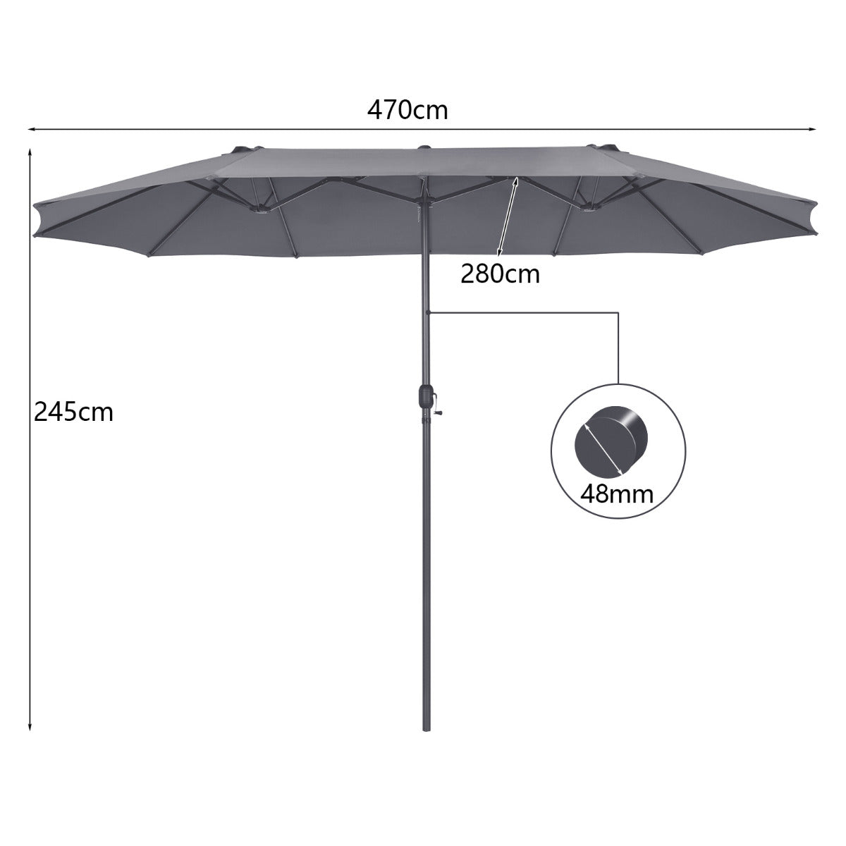 LIVSK Dubbele Buitenparasol - 12 Stevige Baleinen - Handige Handslinger - Eenvoudige Installatie - 470 cm x 280 cm - Grijs