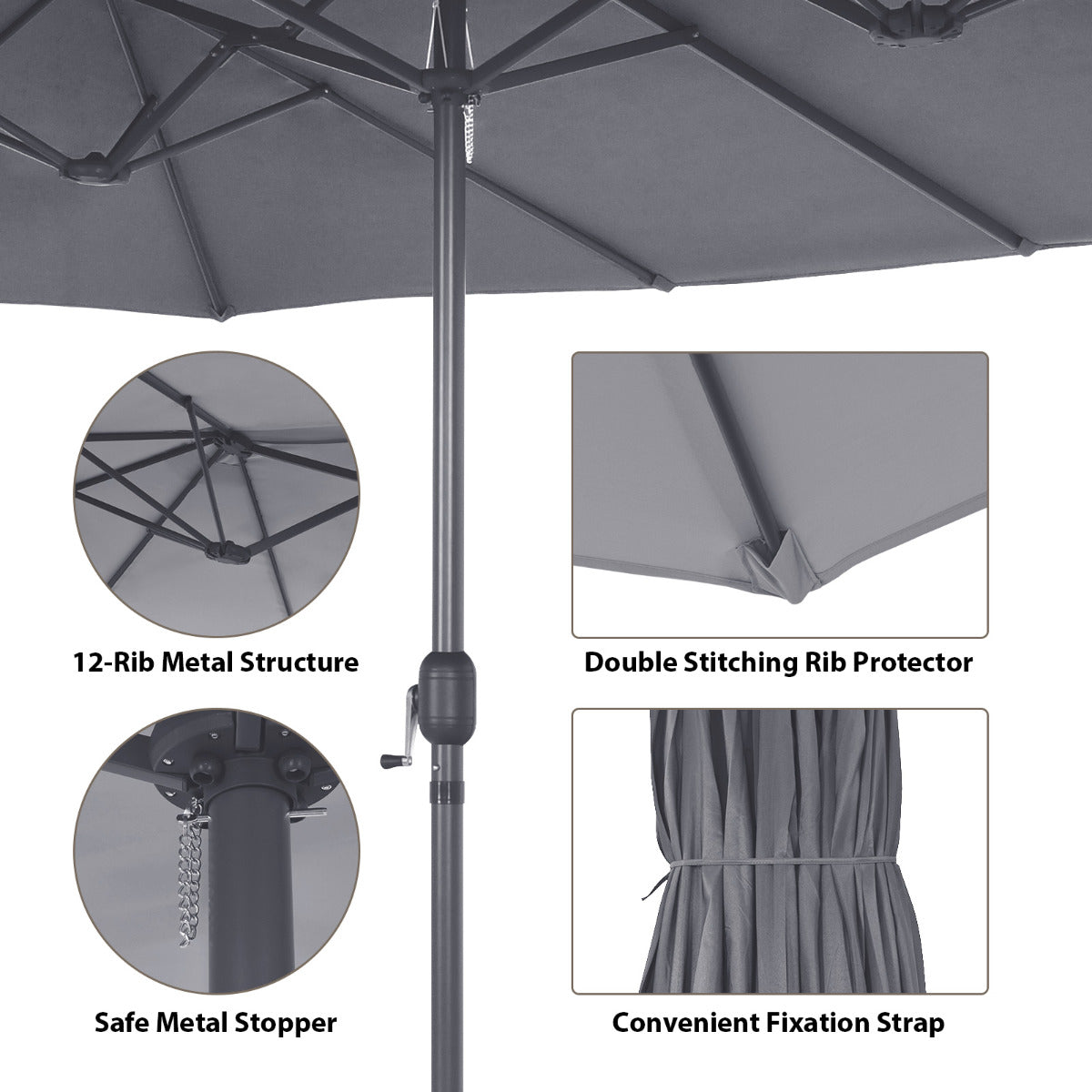 LIVSK Dubbele Buitenparasol - 12 Stevige Baleinen - Handige Handslinger - Eenvoudige Installatie - 470 cm x 280 cm - Grijs