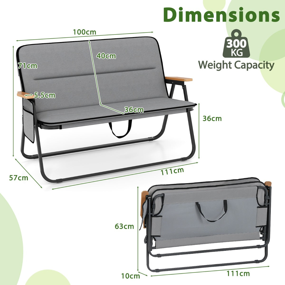 LIVSK Dubbele Campingstoel - Ademend Oxford-Stof - Ergonomische Rugleuning - Inklapbaar en Draagbaar - 300 kg - Grijs