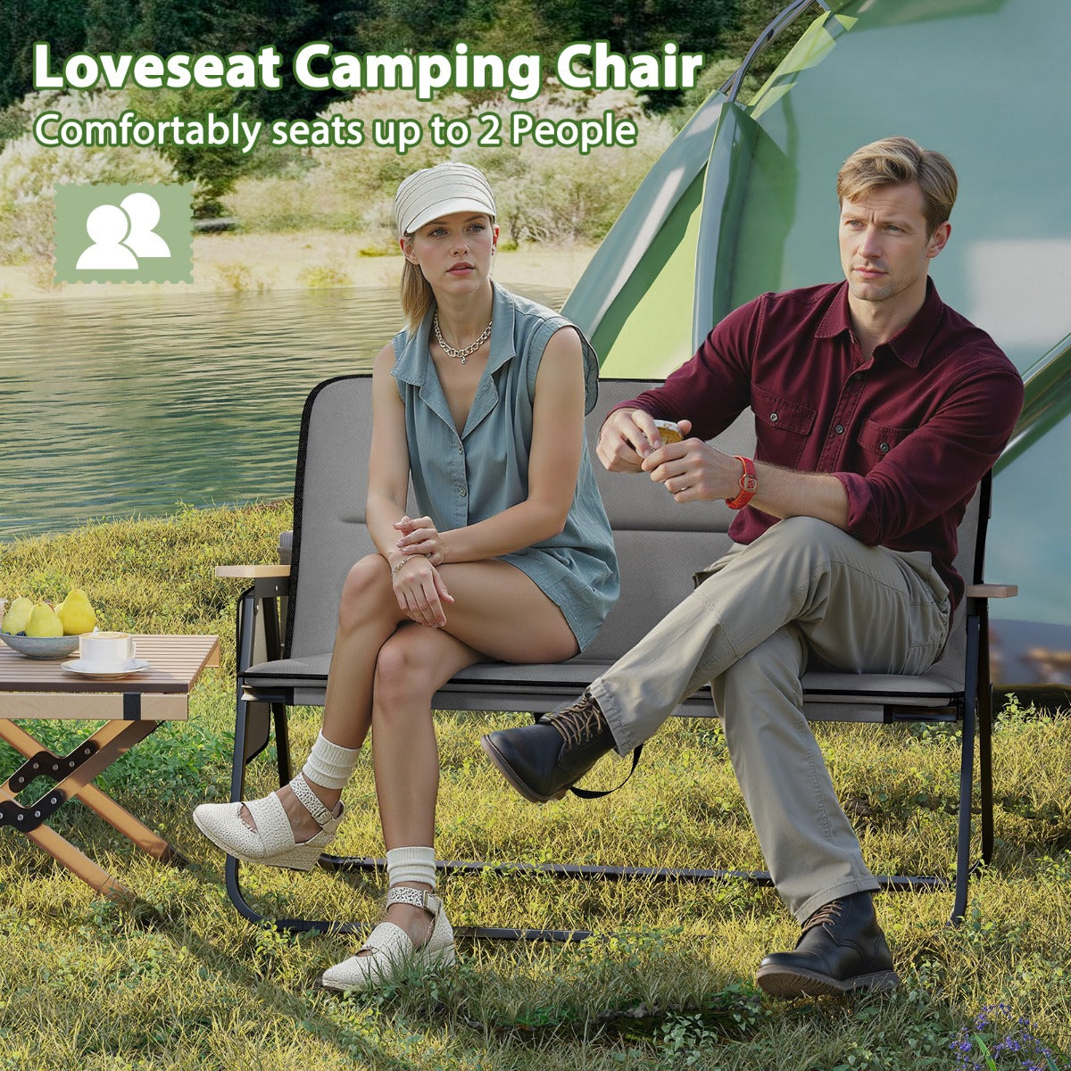 LIVSK Dubbele Campingstoel - Ademend Oxford-Stof - Ergonomische Rugleuning - Inklapbaar en Draagbaar - 300 kg - Grijs