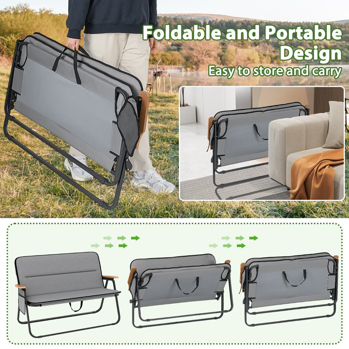 LIVSK Dubbele Campingstoel - Ademend Oxford-Stof - Ergonomische Rugleuning - Inklapbaar en Draagbaar - 300 kg - Grijs