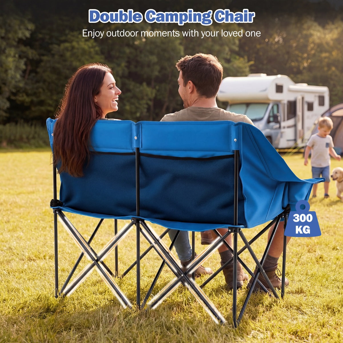 LIVSK Dubbele Campingstoel - Draagvermogen 300 kg - Slijtvast Oxford - 2 Bekerhouders - Opvouwbaar - Grijs/Marineblauw