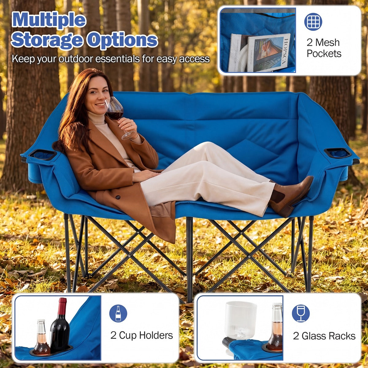 LIVSK Dubbele Campingstoel - Draagvermogen 300 kg - Slijtvast Oxford - 2 Bekerhouders - Opvouwbaar - Grijs/Marineblauw
