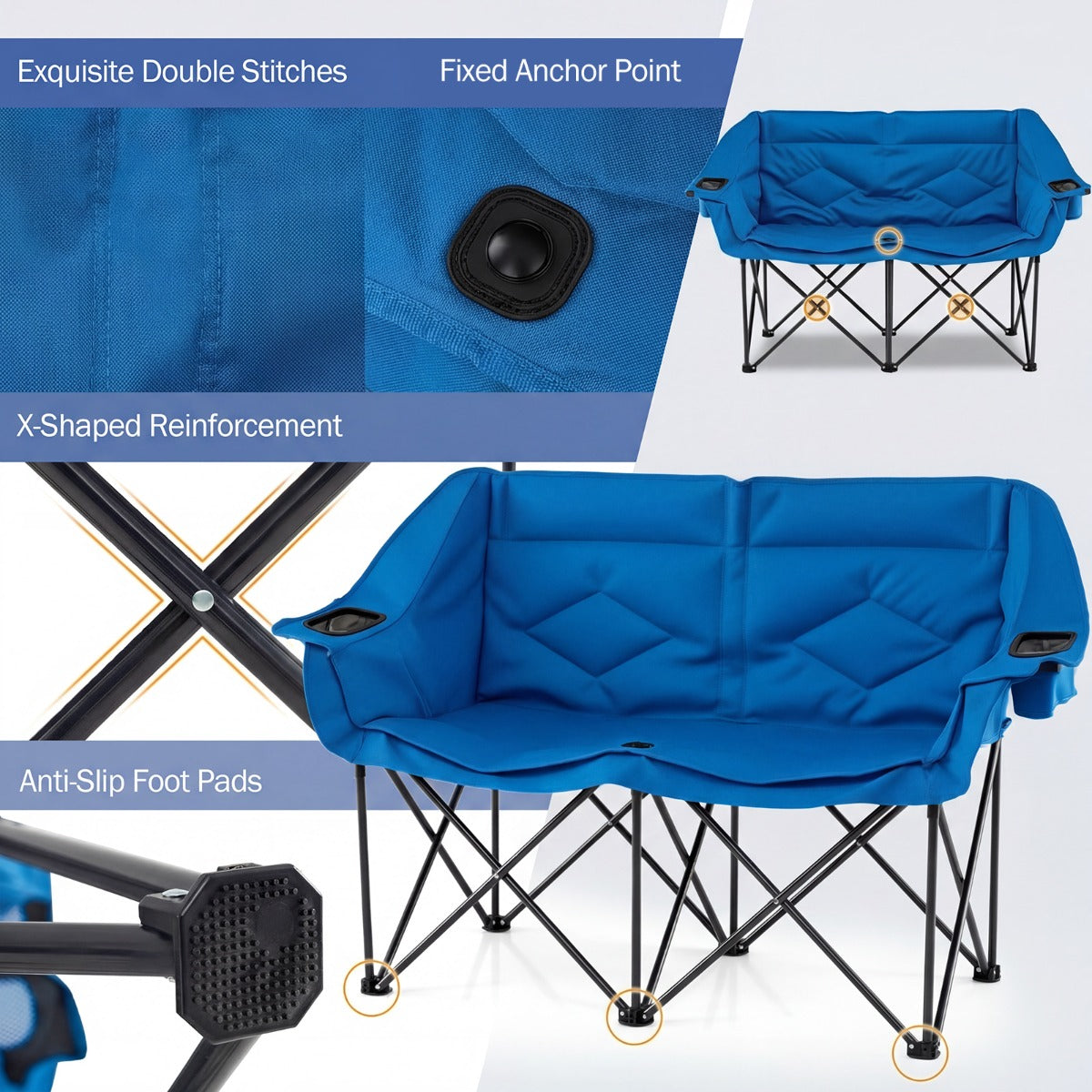 LIVSK Dubbele Campingstoel - Draagvermogen 300 kg - Slijtvast Oxford - 2 Bekerhouders - Opvouwbaar - Grijs/Marineblauw