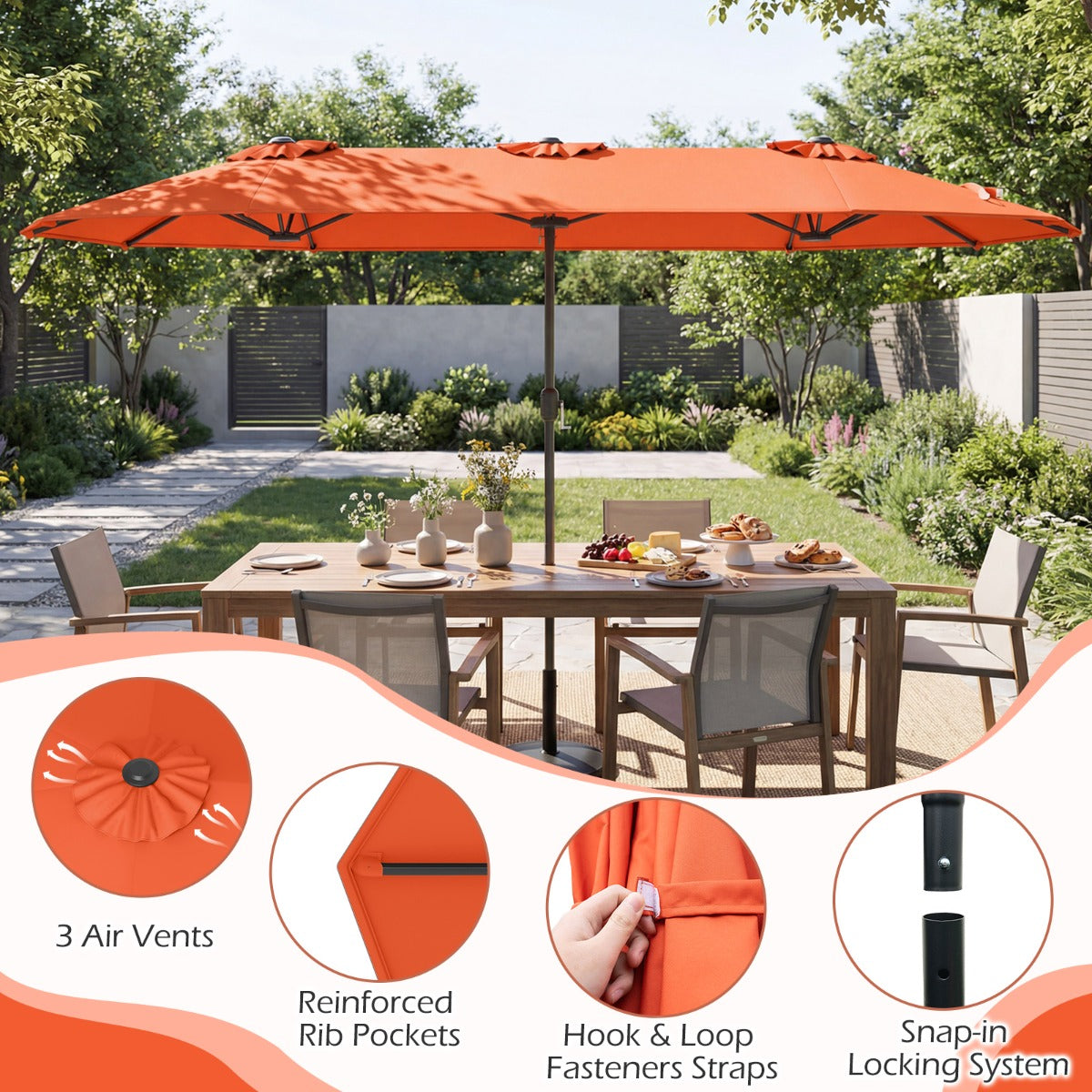 LIVSK Dubbele Parasol - Ruim Doekoppervlak 400 x 212 cm - Stevig Metaal Frame - Eenvoudig te Bedienen - Beige