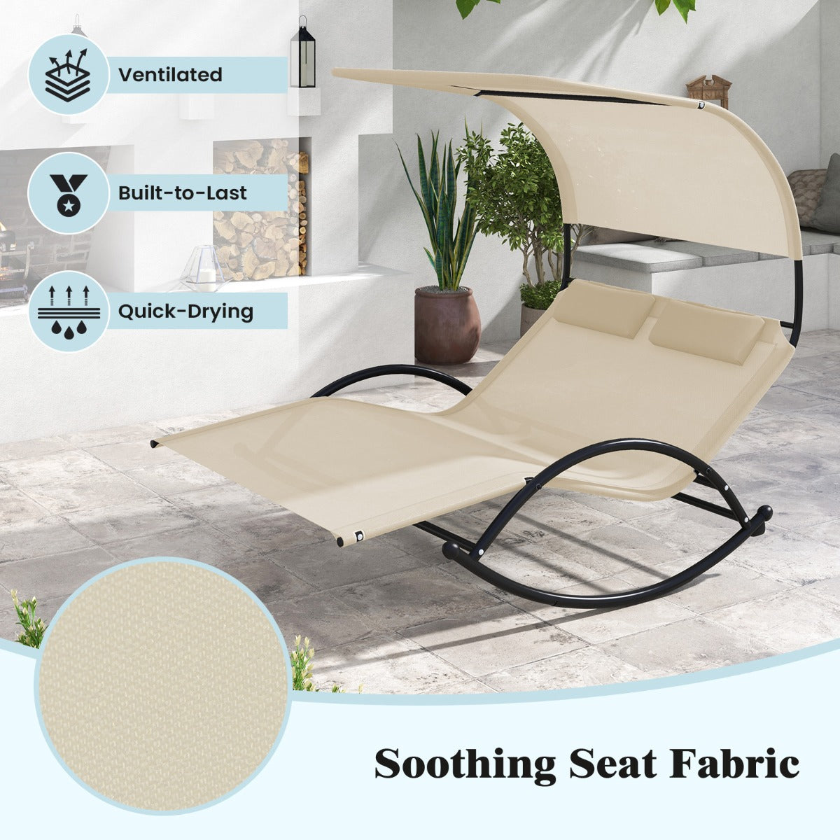 LIVSK Dubbele Schommel-Ligstoel - Ergonomisch Ontwerp - Polyester Luifel - Draagvermogen 300 kg - Beige