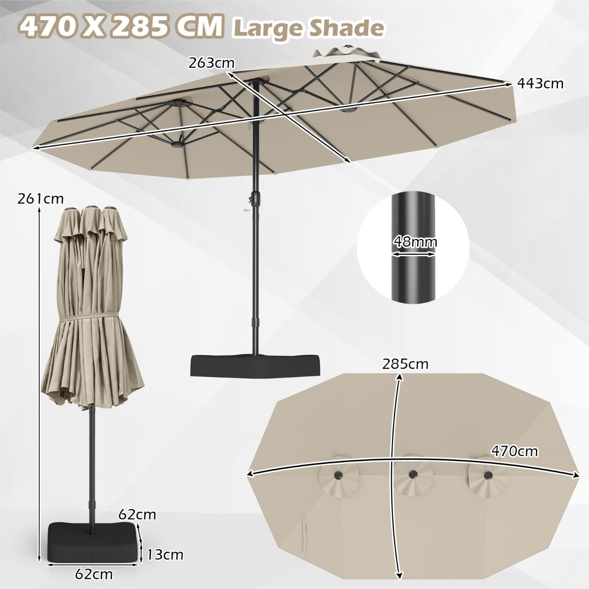 LIVSK Dubbele Terrasparasol - 470 x 285 x 261 cm - Hoogwaardig Polyester - Verzwaarde Voet Inclusief - Beige