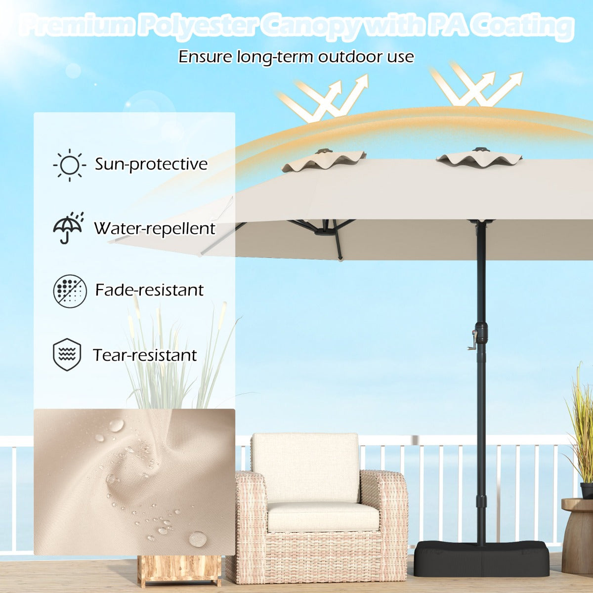 LIVSK Dubbele Terrasparasol - 470 x 285 x 261 cm - Hoogwaardig Polyester - Verzwaarde Voet Inclusief - Beige