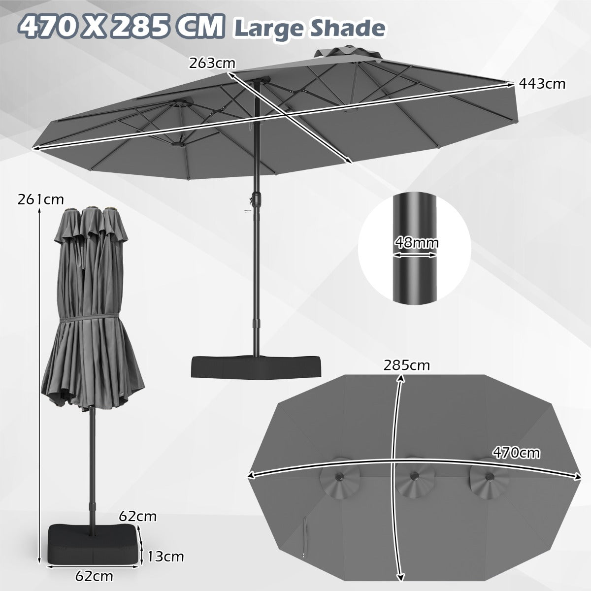 LIVSK Dubbele Terrasparasol - 470 x 285 x 261 cm - Stabiele Metalen Baleinen - Waterbestendig -