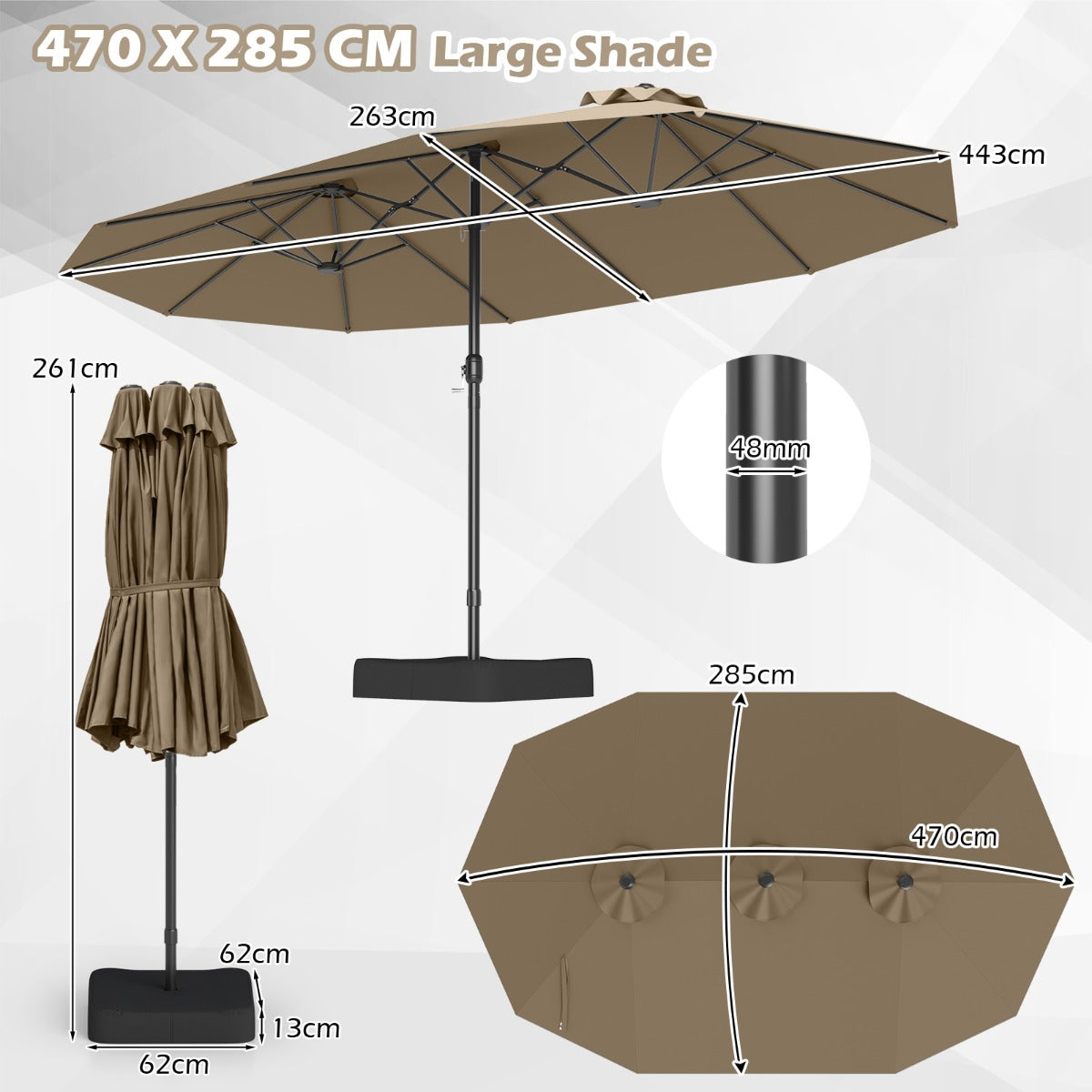 LIVSK Dubbele Terrasparasol - Ruim 470 x 285 cm - Waterbestendig Polyester - Verzwaarde Voet - Eenvoudige Installatie - Beige