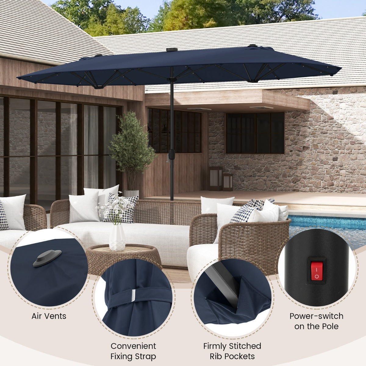 LIVSK Dubbele Tuinparasol - 36 LED-lampjes - Waterafstotend Doek - Soepel Draaiende Slinger - Donkerblauw
