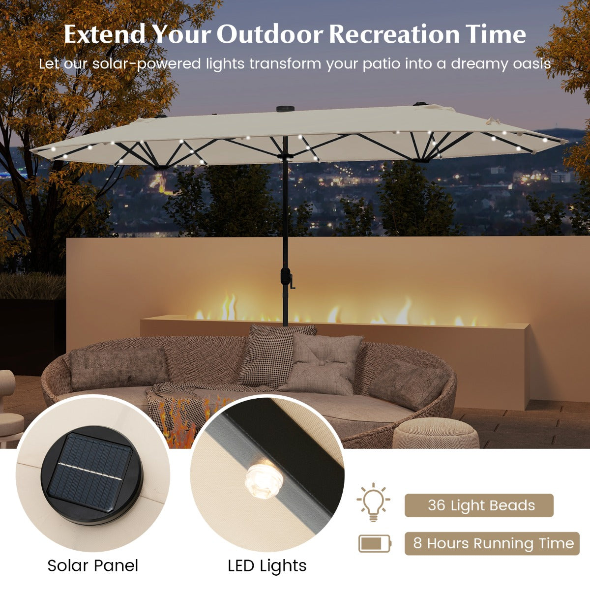 LIVSK Dubbele Tuinparasol - 400 x 200 cm - 36 LED-lampjes - Garengeverfde Stof - Stevige Basis - Beige