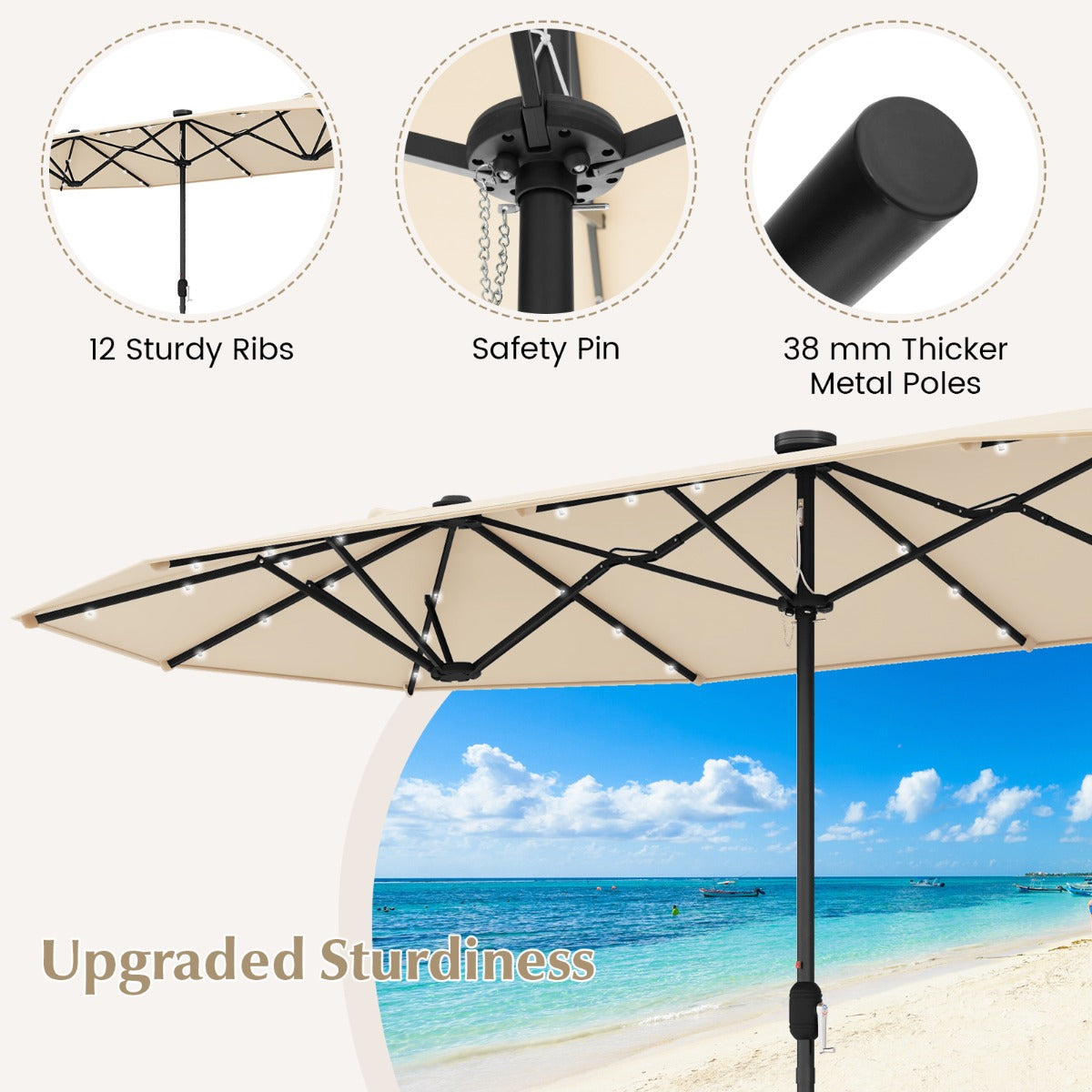 LIVSK Dubbele Tuinparasol - 400 x 200 cm - 36 LED-lampjes - Garengeverfde Stof - Stevige Basis - Beige